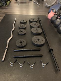 STANDARD SET: (1) STRAIGHT BAR, (1) CURL BAR, (2) DUMBBELL BARS, (4) 2.5 LB PLATES, (4) 7.5 LB PLATES, (4) CLIPS