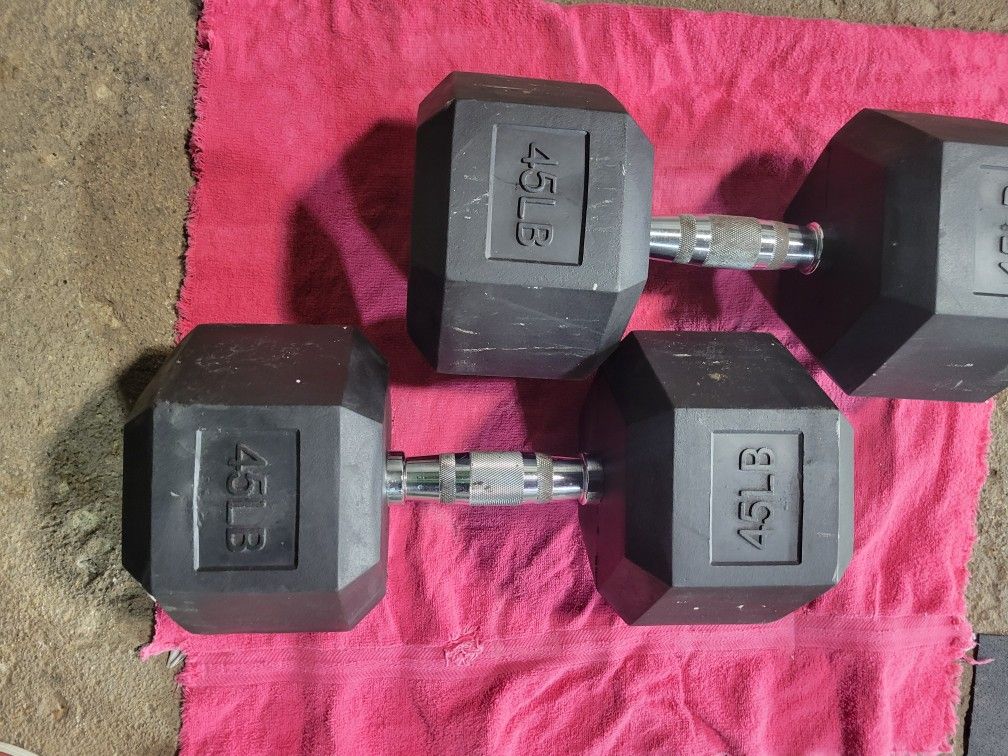 SET OF 45LB RUBBER COATED HEXHEAD DUMBBELLS TOTAL 90LBs
11525 S HALSTED DUNKIN DONUTS/7111.S WESTERN WALGREENS
80$ CASH ONLY AS IS