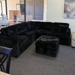 Gorgeous Fur-like Jumbo Black Corduroy Sectional Sofa With Ottoman 