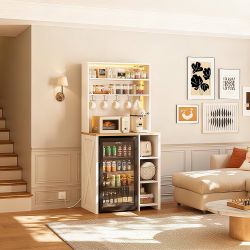 Bakers Rack with Mini Fridge Space, 69.3" Microwave Stand, White | 7-Tier Coffee Bar Station, Power Outlets, LED Lights, Space-Saving Utility Organize