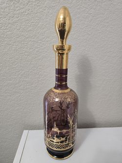 Vintage MCM Venetian Italian Amethyst Purple Glass Decanter Gold Stopper 