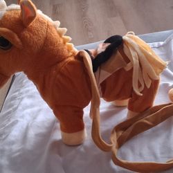 Plush Horse Toy Singing Stuffed Animal Brown Pony with Saddle Kids Toy