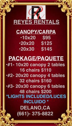 Tables, chairs, canopy’s, patio heaters