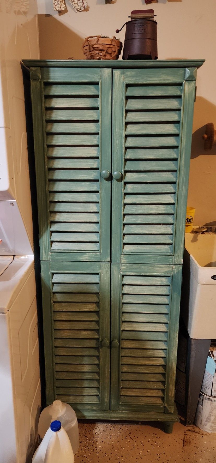 Vintage-Style Distressed Green Louvered Storage Cabinet