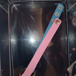 Blue And Pink Faux Leather Choker Neck Button Up