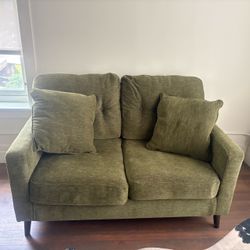 Green Fabric Loveseat and Sofa with Throw Pillows