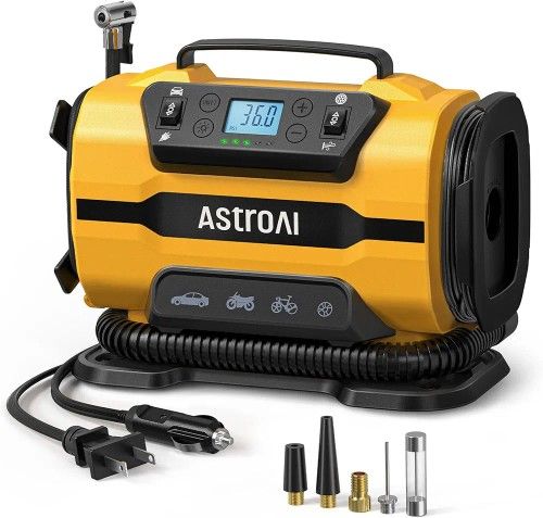 AstroAl Tire Inflator Portable Air Compressor Pump 150PSI 12V DC/110V AC with Dual Metal Motors &LED Light