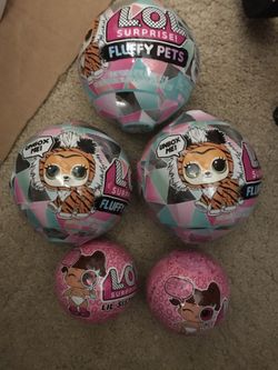 lol surprise mystery fluffy pets x 3 ; lil sisters x 2 dolls