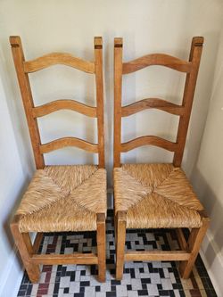 Pair Of Rustic Ladder Back Chairs With Rush Seats