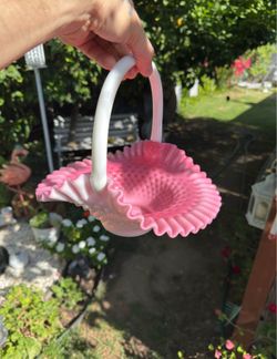 Large vintage Fenton hobnail pink milk glass ruffled basket