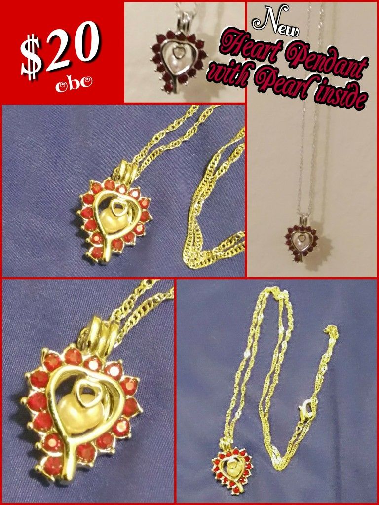 Heart pendant with pearl and red rhinestones including chain