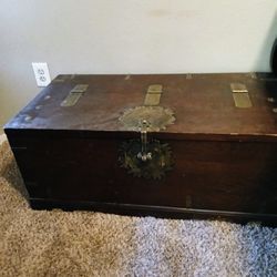 Antique Solid Wood Asian Trunk With Brass Fittings And Hardware
