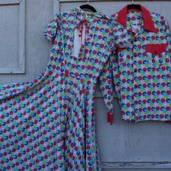 OOAK! Very Rare! Darling 1930s Cotton Novelty Print Long Dress, Cap and Men’s Shirt-Very Rare!!