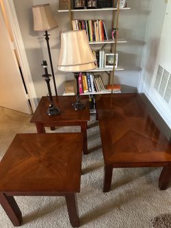 Brown Coffee Table, End Tables, & 3 Lamps