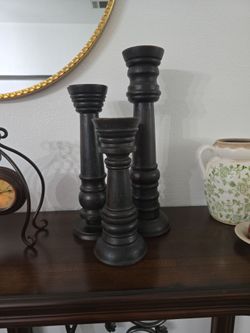 Set of 3 Dark Wood Pillar Candlestick Holders