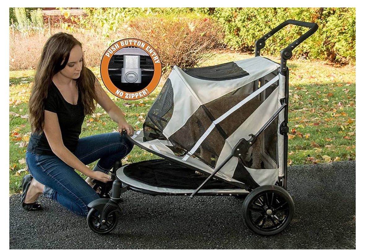 Pet Gear NO-Zip Pet Stroller with Dual Entry, Push Button Zipperless Entry for Single or Multiple Dogs/Cats, Pet Can Easily Walk in/Out, No Need to Li