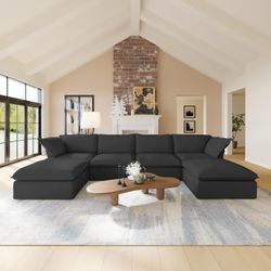 Cloud Couch 6-Piece Linen Modular Sectional Sofa Deep Seat with Storage Ottoman In Black
