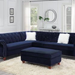 Brand New Plush Blue Velvet Sectional Sofa (Ottoman Sold Separately)