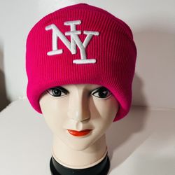 Embroidered NY Men Women Winter Knit Fur lined Beanie Hat - Fuchsia