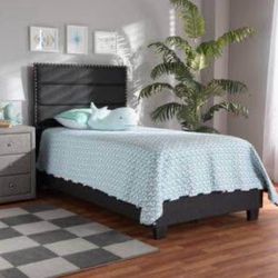 New Twin Size Dark Grey Upholstered Bed with Nailhead Trim