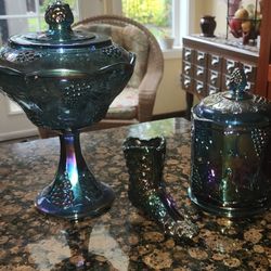 Vintage Set Of 2 COBALT GLASS BLUE CARNIVAL GLASS  COMPOTE, CANDY JAR AND BOOT