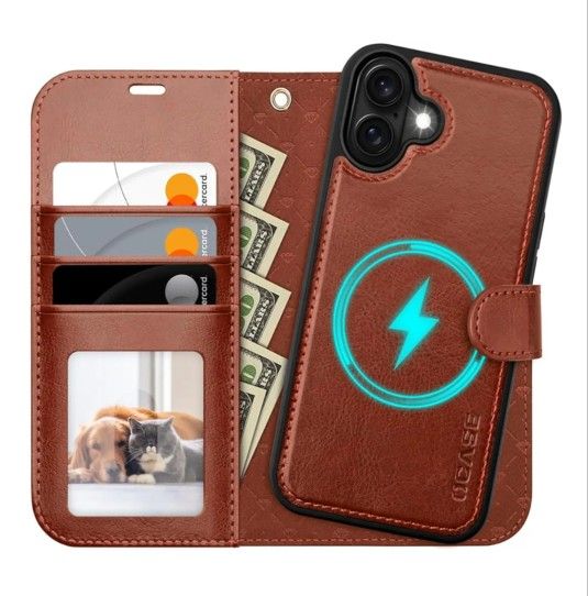 Detachable Wallet Case for iPhone 16 RFID Blocking Card Slot Holder Brown 6.1"