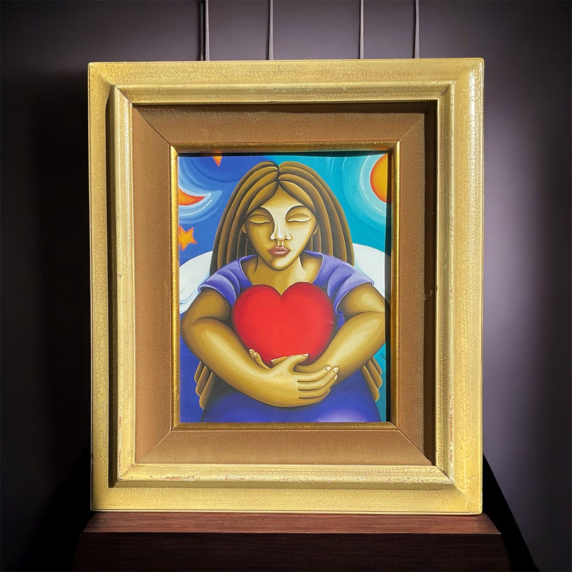 Lovely Bettina Print Ángel Holding A Heart On An Antique Wooden frame