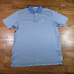 Peter Millar Performance Golf Polo Shirt Size L Blue Striped Stretch Wicking Logo