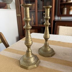 Vintage Pair of Etched Brass Candlestick Holders-Vintage Wedding Table Decorations 12”
