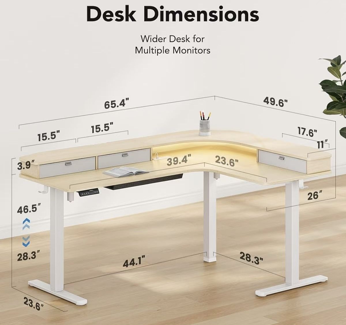 🥨HUANUO 65″ L-Shaped Standing Desk with Power Outlets & LED Strip, Electric Height Adjustable Corner Computer Desk, Sit Stand Up Desk with 3 Drawers,