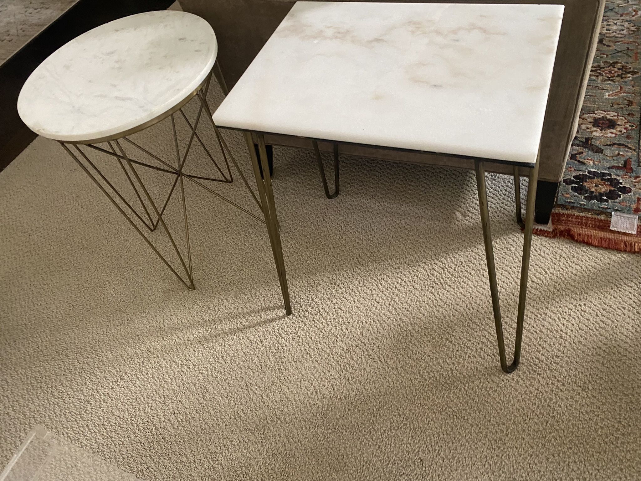Side Tables white marble with gold legs, several white pieces consult table mirror
