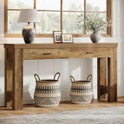 63 inch W Farmhouse Rectangular Brown Console Table with 2 Drawers and H-Shaped Sturdy Legs for Hallway Living Room