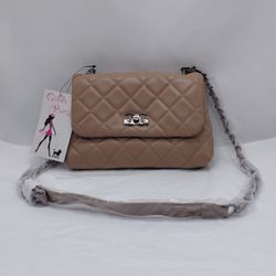 Gilda Paris Mini Quilted Messenger Bag Crossbody Shoulder Bag Taupe