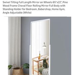 Swivel Tilting Full Length Mirror on Wheels 65"x22", Pine Wood Frame Cheval Floor Rolling Mirror Full Body with Standing Holder for Bedroom, Babershop