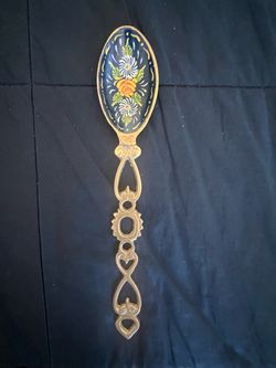 Vintage Brass Welsh Love Spoon 11” Large Wall Hanging Decor - Rare Hand Painted Floral Bowl Yellow Rose Folk Art