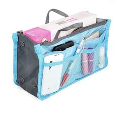 Women Multi-Pocket Travel Handbag Organizer Insert w Zipper Handles Purse Liner Blue 