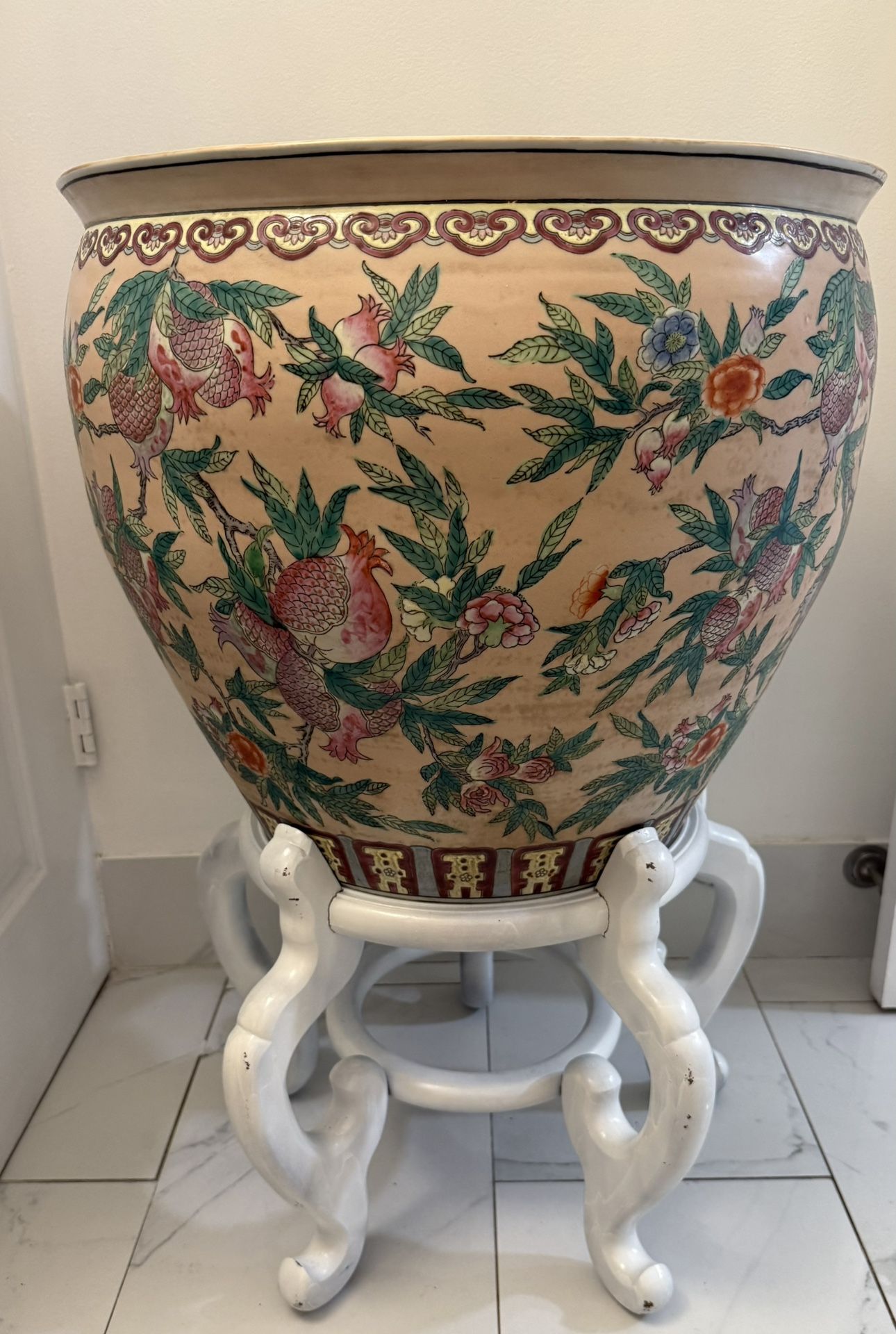 Pair of Antique Asian-Inspired Ceramic Planters with Stands