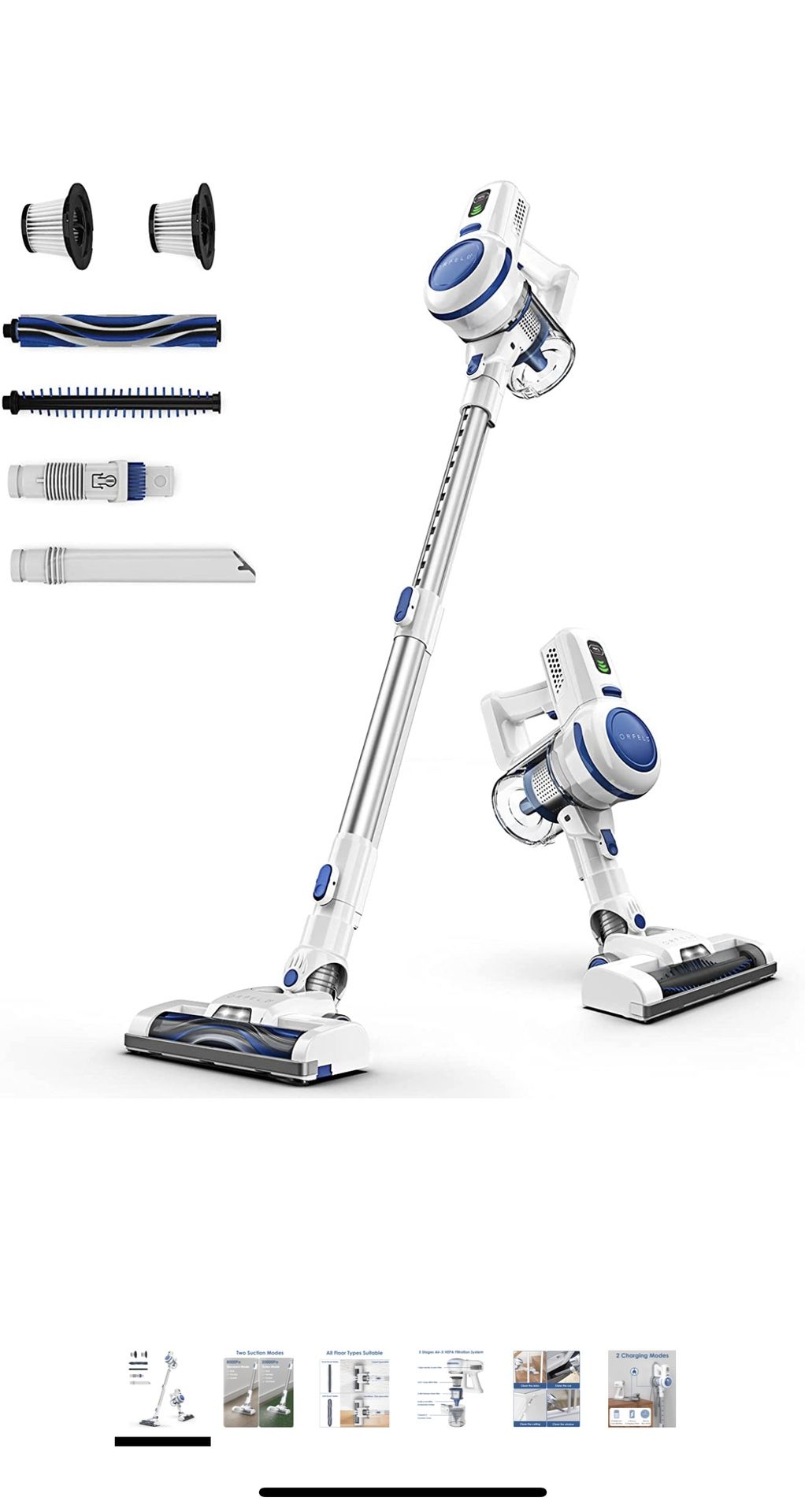 Cordless Vacuum Cleaner, 20000Pa Stick Vacuum 6 in 1, Long Runtime, Lightweight & Ultra-Quiet for Hard Floor Carpet Pet Car Cleaning Blue & Silver, V2