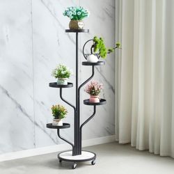 5-Tier Black Metal Tall Plant Stand with Wheels, Indoor Plant Stands for Multiple Plants,