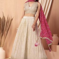 Ivory Silk Lehenga with Embroidered Blouse & Bandhej Dupatta