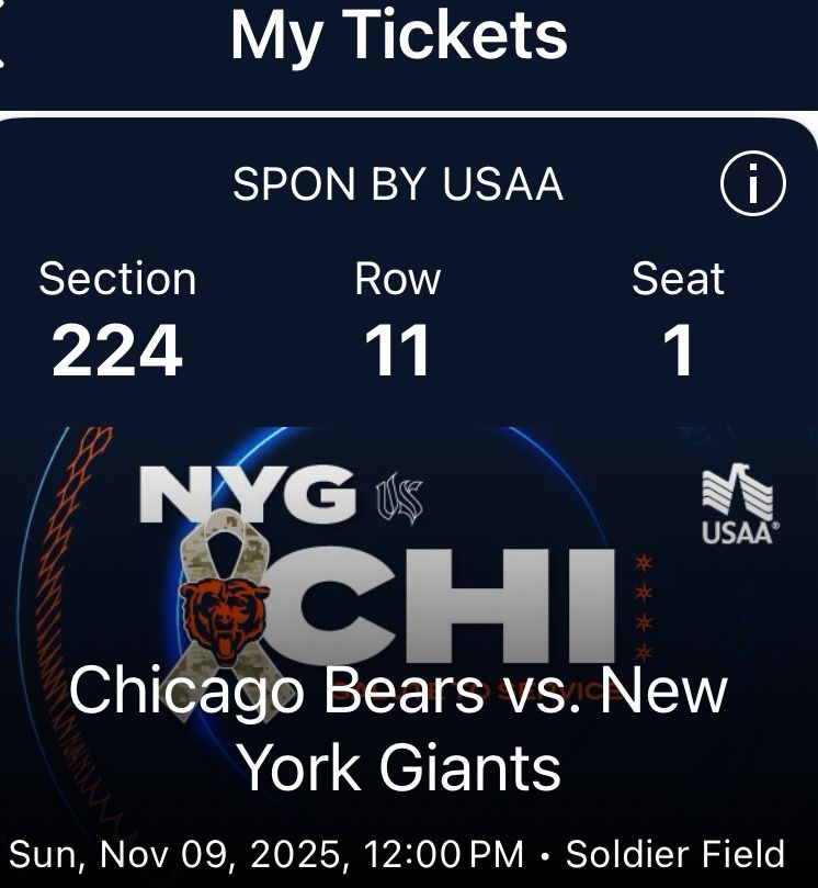 Chicago Bears vs New York Giants  2 TICKETS.  Aisle Seats 1&2