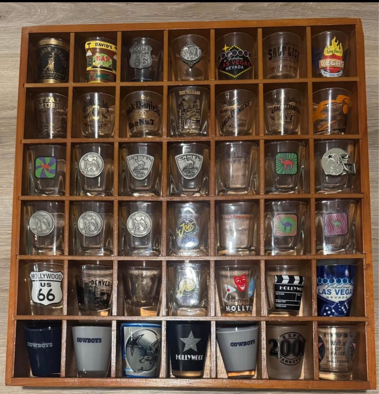 42 decorative Shot glasses and custom wood rack