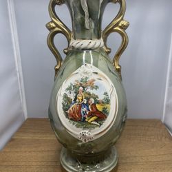 Vintage Porcelain Urn Style Lamp Base Hand Painted Green Victorian Oval Scene 