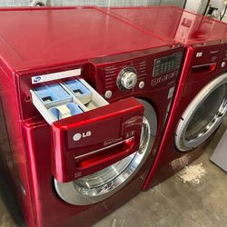 Red LG Front Load Washer And Stackable Gas Dryer Set With Steam 
