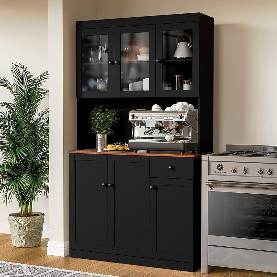 Kitchen Pantry Cabinet with Microwave Shelf, Modern Large Freestanding Sideboard Cupboard