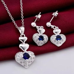 Hot Noble blue crystal heart 925 sterling Silver pendant necklace earring Jewelry sets for Woman classic fashion party fine gift  Length: 45 cm/ 18 in