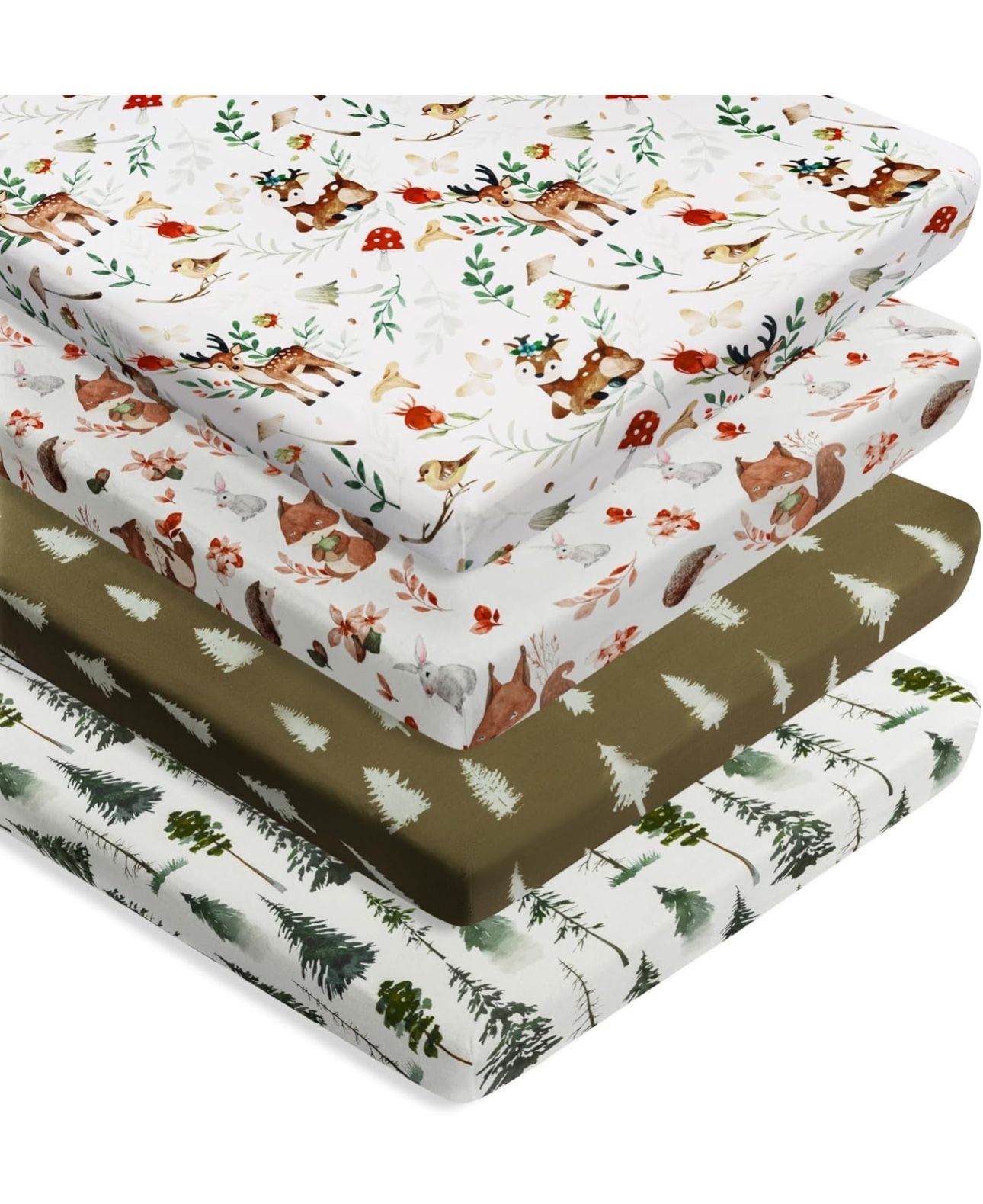 4 Pack N Play Sheets Woodland Forest Animals Wood Neutral Unisex Fitted Baby N Play Sheets Fitted for Standard Pack and Plays and Mini Cribs Set for B