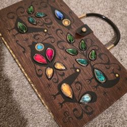 Vintage 1965 Enid Collins Texas Handcrafted Jeweled Wooden Box Purse Collectors Jewelry Box Bag Gem