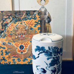 Vintage  4 Tier Jubako Porcelain Box Blue White With Cranes