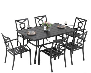 7 Piece Metal Patio Dining Set Wrought Iron Patio Furniture, 6 Stackable Patio Chairs for Outdoor